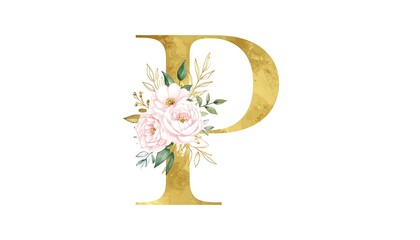 Gold letter "P" adorned with delicate floral design