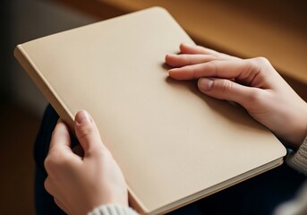 Obraz premium Hands gently holding a beige book, blank cover, preparing for notes