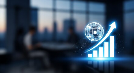 Glowing chart with upward arrow and digital globe overlay in a blurred office environment setting