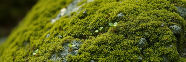 Close-up shows vibrant green moss cove rocks, with tiny plant sprouts emerging, creating a natural, serene, and incredibly detailed landscape scene.
