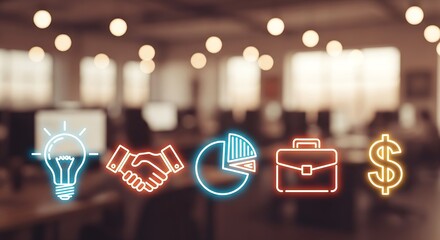 Neon business icons representing idea handshake chart briefcase and dollar sign in office setting