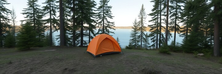 An orange tent sits led on a grassy hill surrounded by tall evergreen trees overlooking a serene lake at dusk, creating a peaceful camping scene.