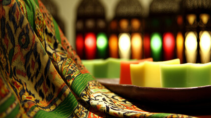 kuih. Traditional batik scarf with intricate patterns draped over colorful kuih desserts, celebrating Malaysia Day. event programs.