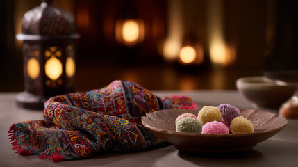 kuih. Traditional batik scarf with intricate patterns draped over colorful kuih desserts, celebrating Malaysia Day. event programs.