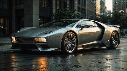 A sleek, low-slung sports car with a shiny, metallic exterior parked on a city street. The car has a modern and aggressive design, with large wheels and a streamlined body.