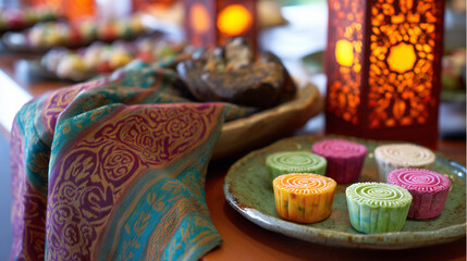 kuih. Traditional batik scarf with intricate patterns draped over colorful kuih desserts, celebrating Malaysia Day. event programs.