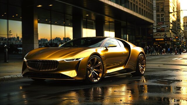 A futuristic car with a metallic gold and black color scheme, parked on what appears to be a wet city street with raindrops visible. The car's design is modern and aerodynamic