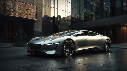A futuristic car with a silver color, parked in a city environment with a modern building in the background. The car's design includes sharp angles, a low profile, and a smooth, aerodynamic shape.