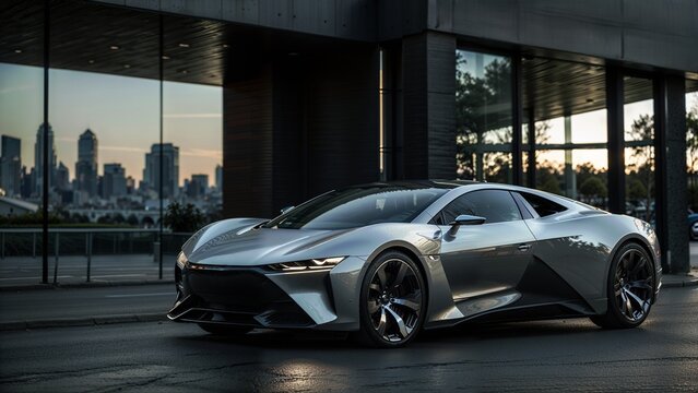 A futuristic sports car driving on a city street at night. The car has a modern design with sharp lines and a low, aerodynamic profile. The background includes tall buildings with lit windows