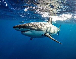 Fototapeta premium Great white shark in deep blue water
