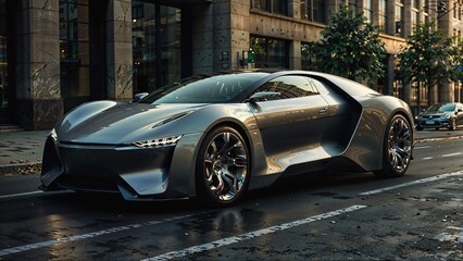 A futuristic sports car with a low profile and advanced design elements, including angular headlights and a smooth, aerodynamic body. The car is positioned on a city street, suggesting a modern urban 