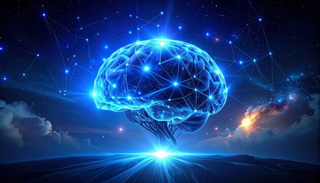 A glowing blue brain floats above rocky alien terrain under a starry sky—neural pathways lit like constellations. A metaphor for cognition and the choreography of thought through cosmic circuitry.