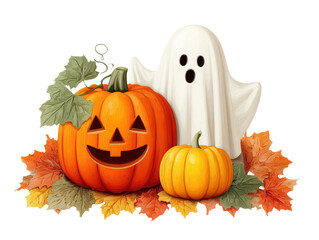 Halloween Cartoon Vector Clipart: Pumpkin & Ghost Characters (Transparent/White PNG Background, Cute Funny Style for Children's Book Illustrations, Cutout Elements)