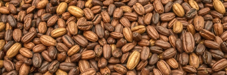 Obraz premium Abundant roasted coffee beans cover the surface, showcasing their brown color and texture, promising rich aroma and flavor for a delicious beverage experience.