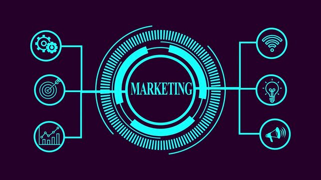 Futuristic neon cyan ring with digital interface elements on dark purple background