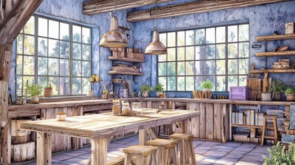 Fototapeta premium Lumber mill workshop , natural wood textures, golden lighting, and a rustic-meets-modern vibe,