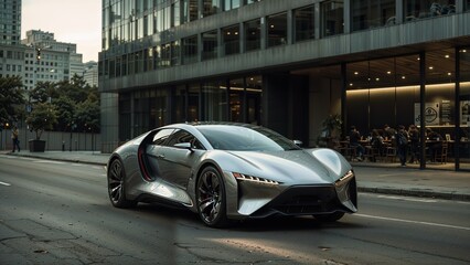 A sleek sports car driving down a city street with tall buildings in the background. The car has a modern, aerodynamic design with a silver exterior.