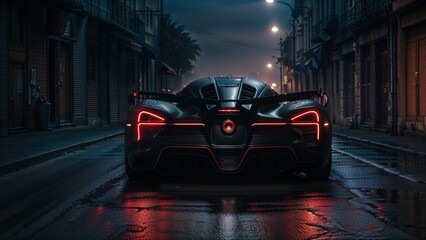 A modern sports car driving down a city street at night, with the car's lights illuminating the wet road ahead. The street is lined with tall buildings and streetlights