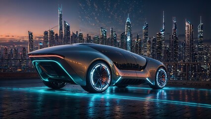 A futuristic car driving through a city at dusk. The car has a sleek design with a metallic finish and blue lights illuminating its surroundings. The background features tall buildings with cityscape
