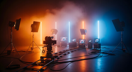 Modern professional broadcast studio setup with multiple cameras, dynamic lighting, and monitors, ready for high-quality media production and live streaming