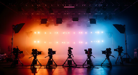 Multiple television cameras ready for a live broadcast production on an empty stage with dramatic, colorful background lighting and atmospheric smoke