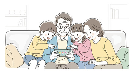 A smiling multigenerational family, including grandparents and two children, gathered on a couch, enthusiastically interacting with a smartphone, sharing a m...