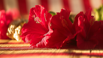 ketupat. Vibrant hibiscus flowers around traditional ketupat weave, warm sunlight and festive mood. event programs, museum guides, designed for cultural heritage projects and event programs.