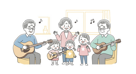 Grandparents and grandchildren joyfully playing guitars and singing together, creating a happy family music scene.