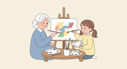 A grandmother and granddaughter painting together on a canvas, enjoying a creative activity.