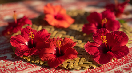ketupat. Vibrant hibiscus flowers around traditional ketupat weave, warm sunlight and festive mood. event programs, museum guides, designed for cultural heritage projects and event programs.