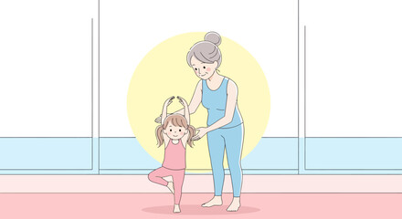 A young girl practices a yoga pose while being assisted by an instructor.