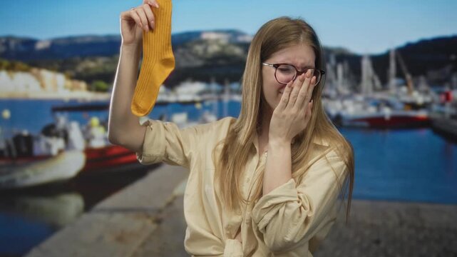 Woman holds yellow sock by boats and pinches nose at port pier; disgust hygiene caution discovery aversion.
