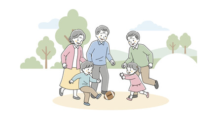 Illustration of a multi-generational family playing with a football outdoors in a park setting.