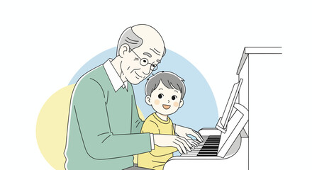 A kind grandfather teaches his happy grandson how to play the piano, sharing a heartwarming musical moment together.