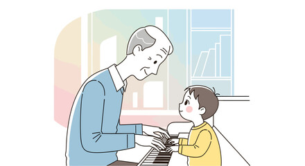 An elderly grandfather and his young grandson share a heartwarming moment playing the piano together.