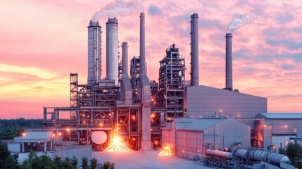 Obraz premium Industrial steel mill at dusk , glowing molten metal, dramatic shadows, wide-angle perspective, and open foreground for branding,