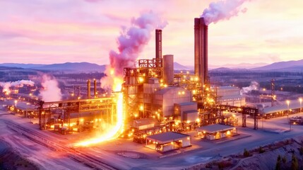 Fototapeta premium Industrial steel mill at dusk , glowing molten metal, dramatic shadows, wide-angle perspective, and open foreground for branding,
