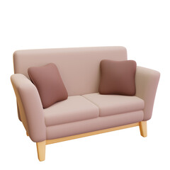 Beige Loveseat Sofa with Two Brown Pillows on Transparent Background for Interior Design