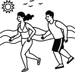 couple running on beach illustration on transparent background