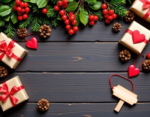 Festive Holiday Decorations Wooden Surface Scene
