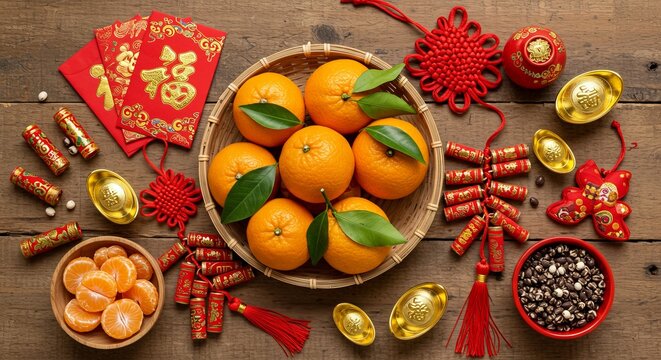 Chinese new year decorations with oranges, red envelopes, and firecrackers