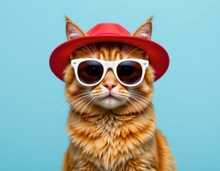 Hipster Orange Tabby Cat with Sunglasses and Hat
