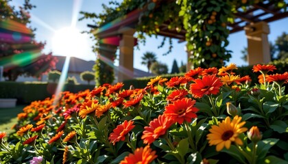 Sunlit Garden with Colorful Flowers and Pergola Archway