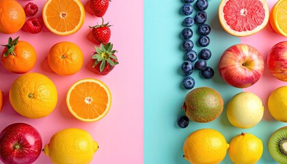 Colorful Fruits Variety Flat Lay on Pink and Blue Background Healthy Eating Concept Fresh Citrus Apples Berries Top View Vibrant Food