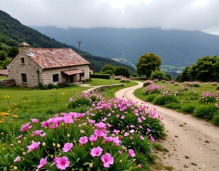 Rustic Village with Wildflower Meadow and Misty Horizon