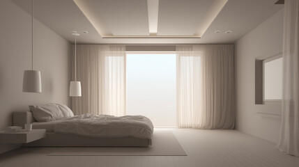 Fototapeta premium order. Minimalist bedroom featuring neutral tones, clean lines, and soft diffused natural ambient light. lifestyle magazines, social media lookbooks, designed for influencer and brand collaborations.