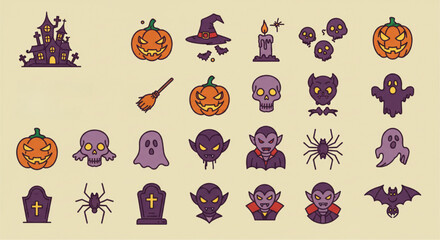 Halloween Flat Icon Set: Spooky Vector Collection of Pumpkin, Witch, Skull, Bat, Ghost & Graveyard Elements