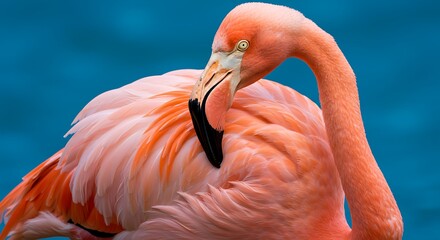 Elegant flamingo preening against teal background natures beauty