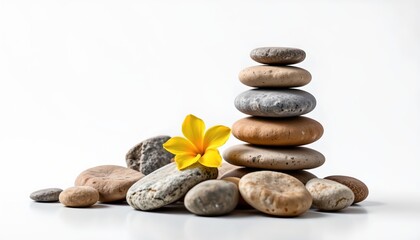 Peaceful Stone Arrangement with Yellow Flower Against White Background