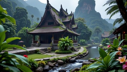 Serene Tropical Temple Amid Lush Jungle